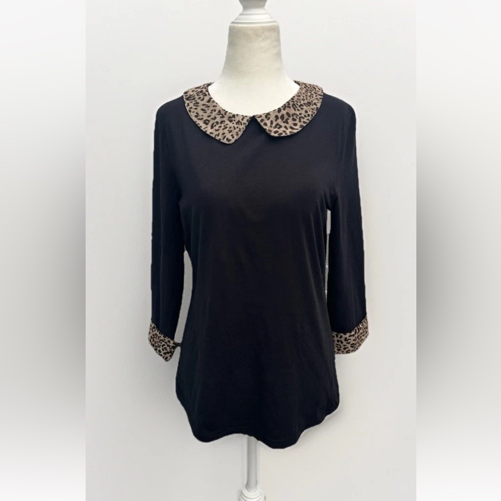 NEW Garnet Hill Top Black Leopard Trim Animal Print Peter Pan Collar Women S